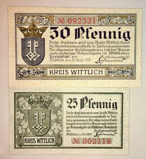 GERMANY SET 50 PFENNIG & 25 PFENNIG WITTLICH 1919 CRISP UNC NOTGELD (EMERGENCY MONEY)