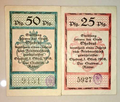 GERMANY SET,,,, 50 PFENNIG & 25 PFENNIG 1918 OHRDRUF AUNC NOTGELD (EMERGENCY MONEY)