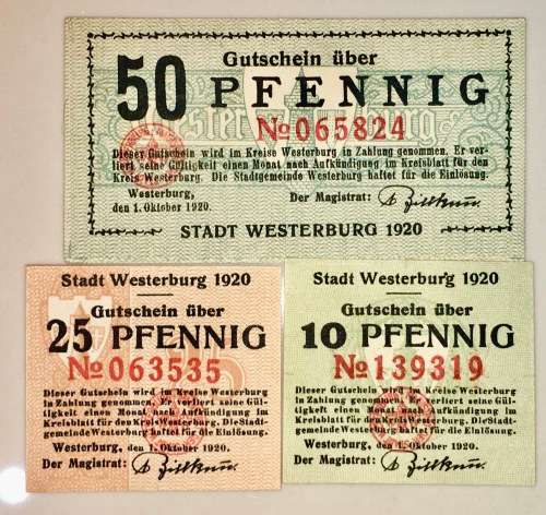 GERMANY SET,,,,50 PFENNIG,  25 PFENNIG & 10 PFENNIG WESTERBURG 1920 AUNC NOTGELD (EMERGENCY MONEY)