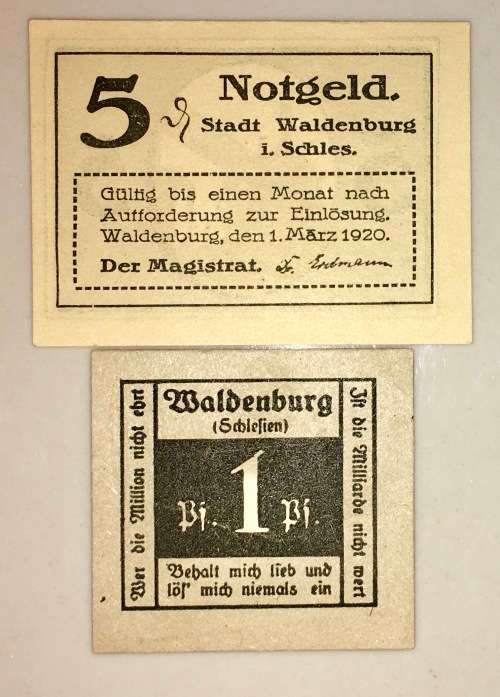 GERMANY SET,,,, 5 PFENNIG & 1 PFENNIG (ERROR)WALDENBURG 1920 UNC SCARES NOTGELD (EMERGENCY MONEY)