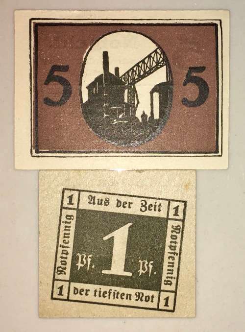 GERMANY SET,,,, 5 PFENNIG & 1 PFENNIG (ERROR)WALDENBURG 1920 UNC SCARES NOTGELD (EMERGENCY MONEY)