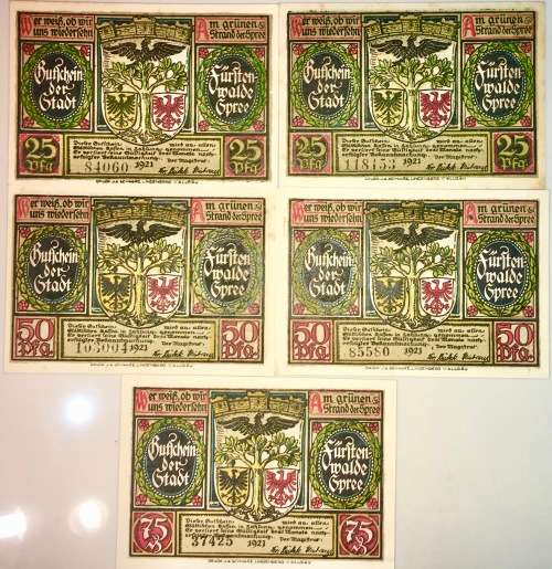 GERMANY SET 25 PFENNIG TO 75 PFENNIG FÜRSTENWALDE SPREE 1921 CRISP UNC NOTGELD (EMERGENCY MONEY)