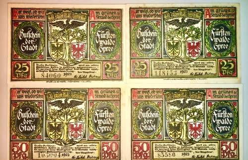 GERMANY SET 25 PFENNIG TO 75 PFENNIG FÜRSTENWALDE SPREE 1921 CRISP UNC NOTGELD (EMERGENCY MONEY)