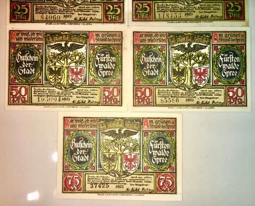 GERMANY SET 25 PFENNIG TO 75 PFENNIG FÜRSTENWALDE SPREE 1921 CRISP UNC NOTGELD (EMERGENCY MONEY)