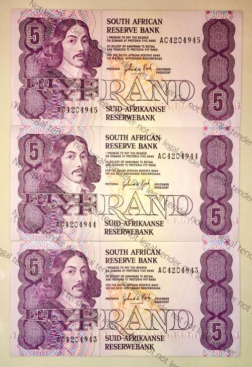 GPC DE KOCK R5 IN SEQUENCE AC4204943-945,,,,1989 UNC 3RD ISSUE(1 BID TAKES ALL)