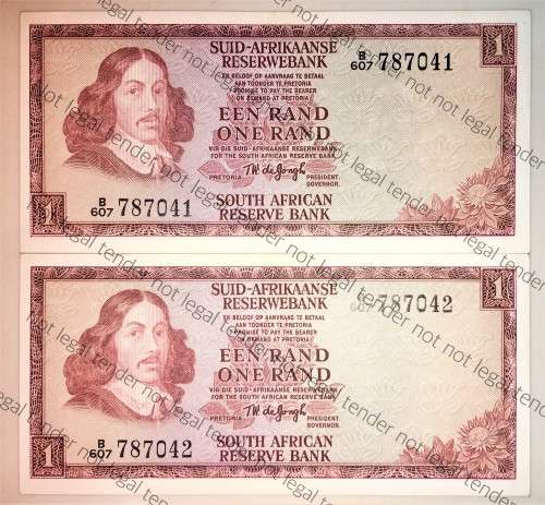 TW DE JONG R1 IN SEQUENCE B607-787041-042 AUNC 3RD ISSUE 1975(VAN RIEBEE WATERMARK)(1 BID TAKES ALL)