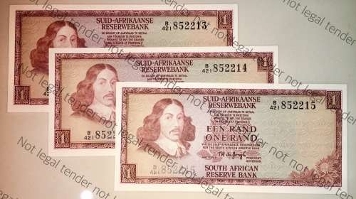 TW DE JONG R1 IN SEQUENCE B421-852213-215 UNC 3RD ISSUE 1975(VAN RIEBEE WATERMARK)(1 BID TAKES ALL)