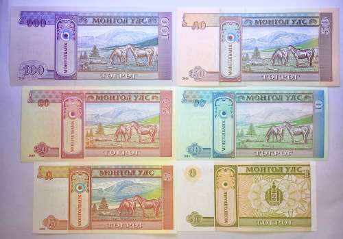 MONGOLIA SET X6,, 100 TUGRIK,50,20,10,5, & 1 TUGRIK UNC GEM 2008-2018 MOSTLY A SERIES(1 BID TAKE ALL