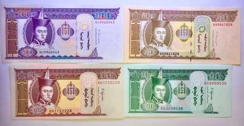 MONGOLIA SET X4,, 100 TUGRIK,50,20 & 10,TUGRIK UNC GEM 2014-2018 MOSTLY A SERIES(1 BID TAKE ALL