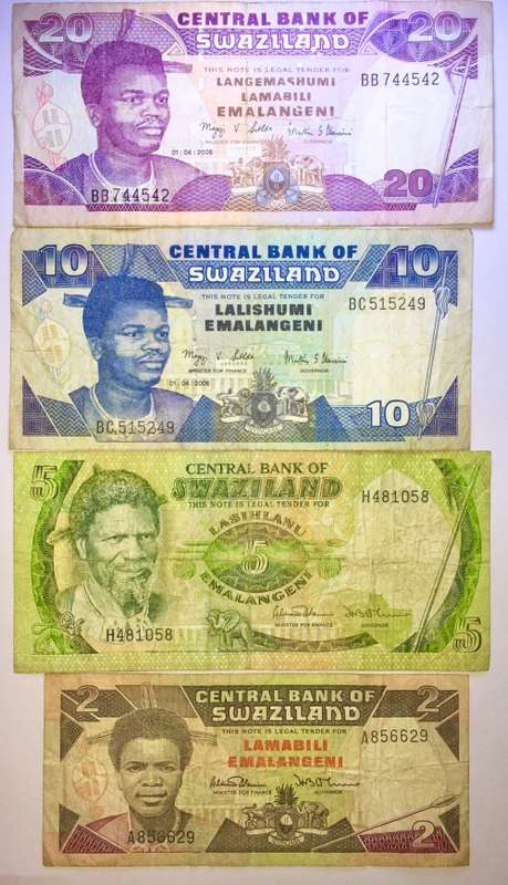 SWAZILAND SET 20 EM. 10 EM.  5 EMALANGENI, & 2 EMALANGENI ,,,1970s-2008(1 BID TAKES ALL)