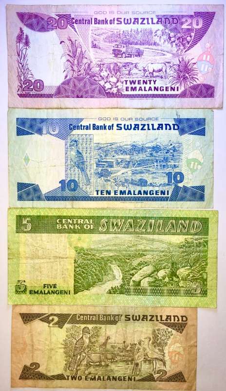 SWAZILAND SET 20 EM. 10 EM.  5 EMALANGENI, & 2 EMALANGENI ,,,1970s-2008(1 BID TAKES ALL)