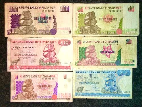 ZIMBABWE SET $100 1995, $50 1994, $10 1994,97,$5 1997, & $2 AA 1983(1 BID TAKES ALL)
