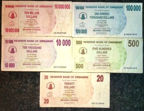 ZIMBABWE SET $10,000,000-2008, $100,000-2007, $10,000-2007,$500-2006 & $20 AA 2006(1 BID TAKES ALL)