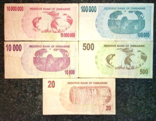 ZIMBABWE SET $10,000,000-2008, $100,000-2007, $10,000-2007,$500-2006 & $20 AA 2006(1 BID TAKES ALL)