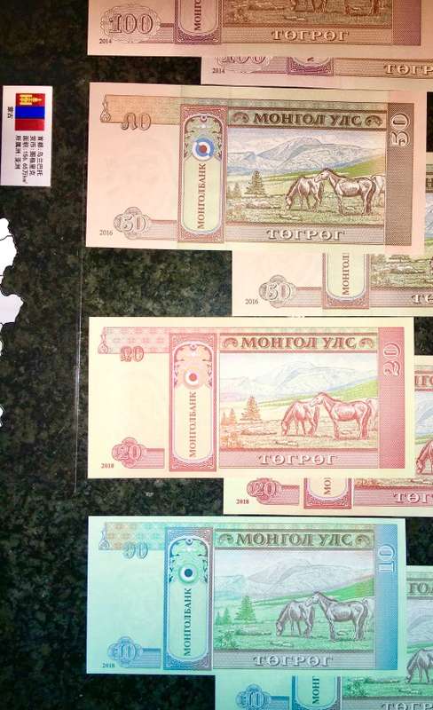 MONGOLIA 2 SETS IN SEQ 100 TUGRIK ,50 TUG,20 TUG & 10 TUGRIK 2016-18 IN PLASTIC INFO SLEEVE UNC GEM