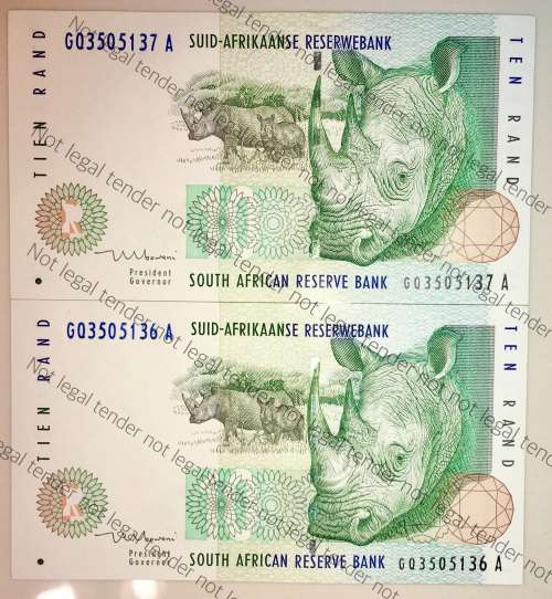 TT MBOWENI R10 IN SEQUENCE GO3505136-137 UNC 1999 FIRST ISSUE(1 BID TAKES ALL)