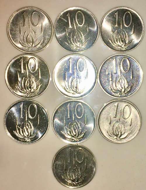 R S A,, 10 CENT SET 1980-1989 BU UNC MISSING 1986 (1 BID TAKES ALL)