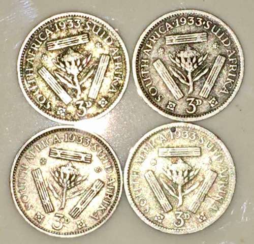 S A UNION 3 PENCE 1933  SILVER 80%(TICKEY)(1 BID TAKES ALL 4)