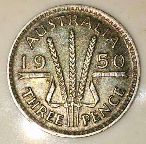 AUSTRALIA,,,3 PENCE 1950 SILVER .500