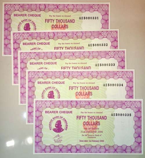 ZIMBABWE $50,000 IN SEQUENCE AE5080331-335 UNC FIFTY THOUSAND DOLLARS 2006(1 BID TAKES ALL)