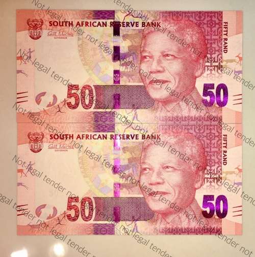 GILL MARCUS R50 AA IN SEQUENCE AA9224838-839 UNC(MANDELA WATERMARK) (1 BID TAKES ALL)