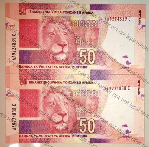 GILL MARCUS R50 AA IN SEQUENCE AA9224838-839 UNC(MANDELA WATERMARK) (1 BID TAKES ALL)