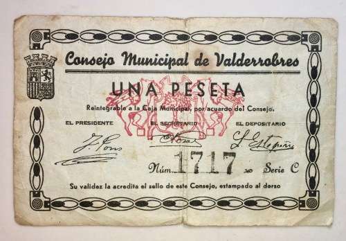SPAIN 1 PESETAS CONSEJO MUNICIPAL DE VALDERRABRES 1937