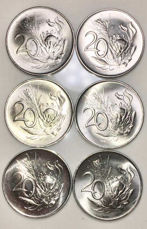 R S A,, 20 CENT SET 1967-1969 ENGLISH AND AFRIKAANS UNC (1 BID TAKES ALL)