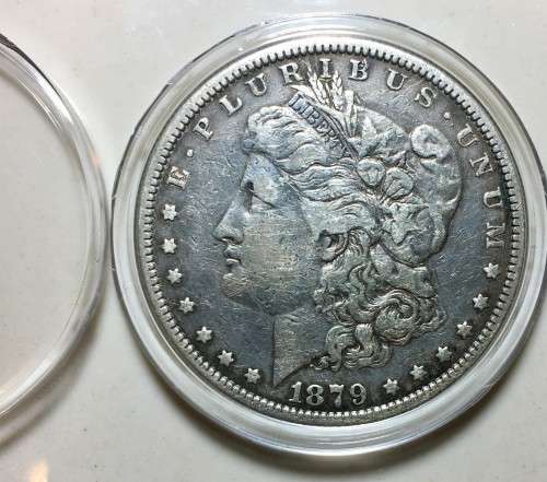 U S A SILVER MORGAN DOLLAR 1879-(142 YEARS OLD)PHILADELPHIA MINT GOOD CONDITION WITH CAPSULE