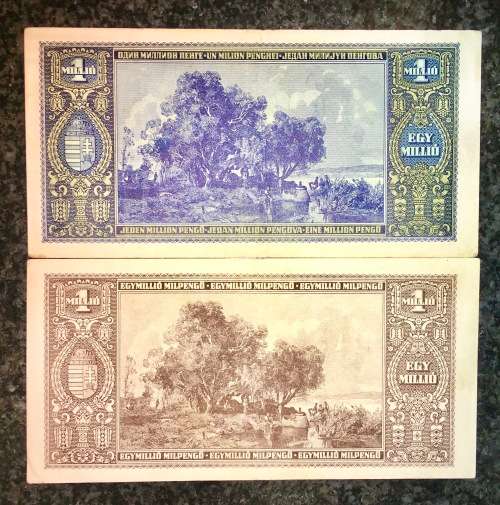 HUNGARY TWO DIFFERNT TYPES 1,000,000 EGYMILLIO PENGO 1945 & 1946  BIG NOTES(1 BID TAKES ALL)