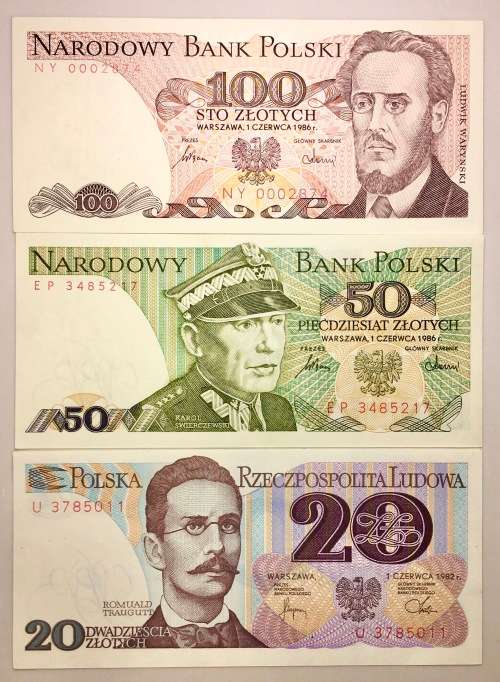 POLAND SET 100 ZLOTYCH 1986, 50 ZLOTYCH 1986 & 20 ZLOTYCH 1982 UNC ( 1 BID TAKES ALL)