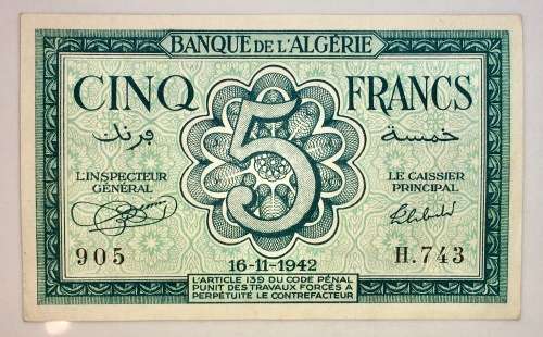 ALGERIA 5 FRANC 16-11-1942 WW2