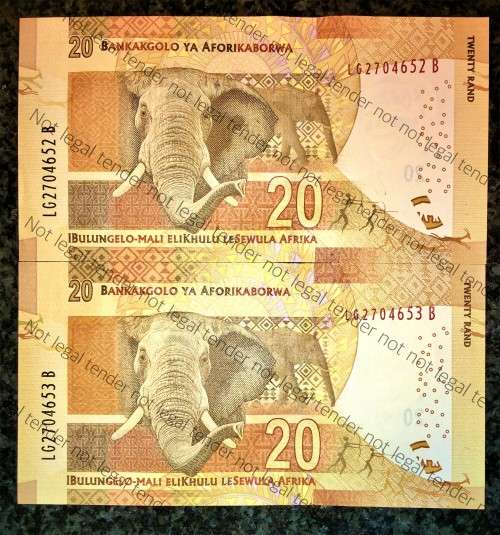 L.KGANYAGO R20 IN SEQUENCE LG1804652-653 UNC- AUNC 1ST ISSUE 2015 --MANDELA WTM(1 BID TAKES ALL)