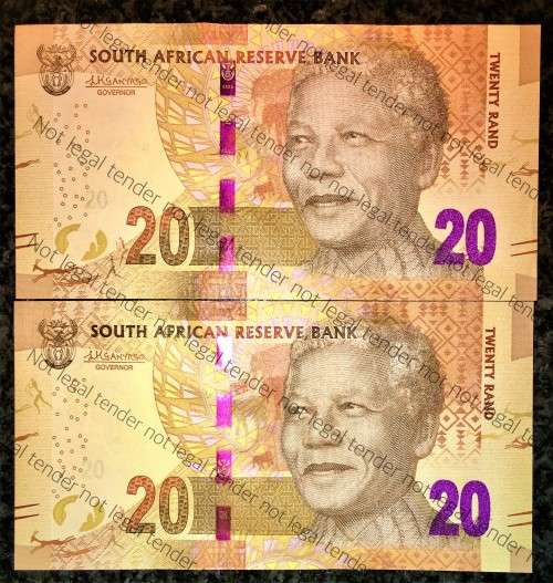 L.KGANYAGO R20 IN SEQUENCE LG1804652-653 UNC- AUNC 1ST ISSUE 2015 --MANDELA WTM(1 BID TAKES ALL)