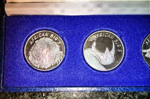 THE BIG 5 PROOF 1OZeach FINE SILVER SET LOVELY BLUE TONING IN BLUE LEATHER BOX 5 x Pure silver 1 oz
