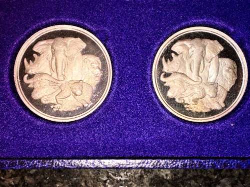 THE BIG 5 PROOF 1OZeach FINE SILVER SET LOVELY BLUE TONING IN BLUE LEATHER BOX 5 x Pure silver 1 oz