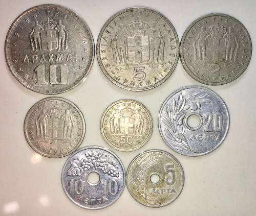 GREECE SET,,,10 DRACHMA TO  5 LEPTA 1954-59(1 BID TAKES ALL)