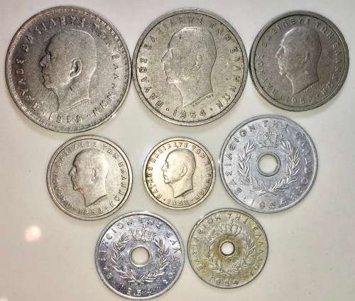 GREECE SET,,,10 DRACHMA TO  5 LEPTA 1954-59(1 BID TAKES ALL)