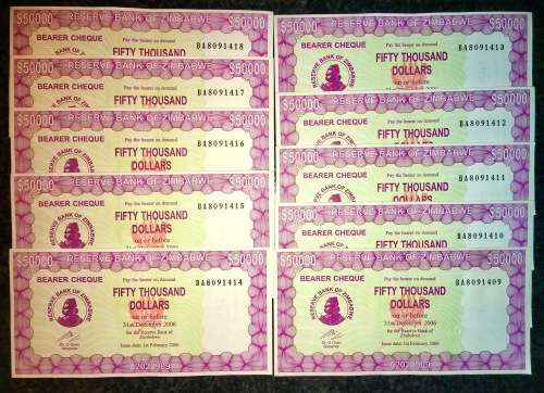 ZIMBABWE $50,000 IN SEQUENCE BA8091418-409 UNC FIFTY THOUSAND DOLLARS 2006(1 BID TAKES ALL)
