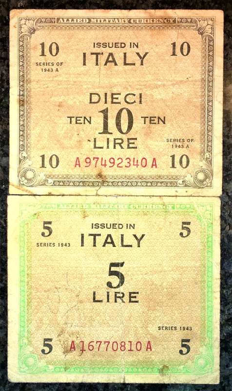 ITALY 10 LIRE & 5 LIRE1943 ALLIED MILITARY WW2 ( I BID TAKES ALL)