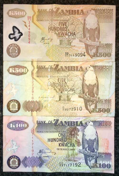 ZAMBIA  SET 500 KWACHA 1992 & 500 KWACHA POLYMOR 2005 , 100 KW 2009(1 BID TAKES ALL)