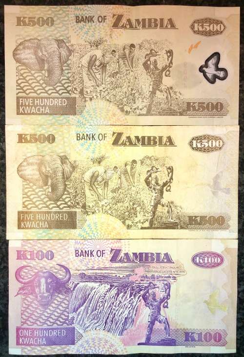 ZAMBIA  SET 500 KWACHA 1992 & 500 KWACHA POLYMOR 2005 , 100 KW 2009(1 BID TAKES ALL)