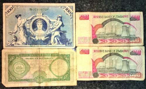SET OF INTERNATIONAL BANKNOTES GERMANY 100 MARK 1908, MOZAMBIQUE 100 ESCUDOS & ZIM (1 BID TAKES ALL)