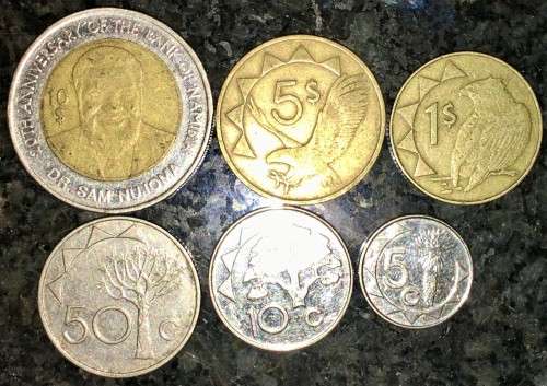 NAMIBIA  SET  $10--20TH ANNIVERSARY NAMIBIA BANK 2010-$5-1993,50C 2003-10C 2012,5C 2012