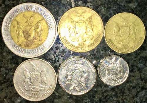 NAMIBIA  SET  $10--20TH ANNIVERSARY NAMIBIA BANK 2010-$5-1993,50C 2003-10C 2012,5C 2012