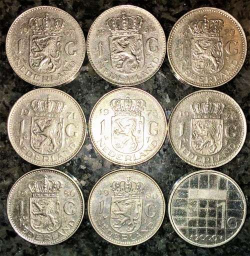 NETHERLANDS SET 1 GULDEN 1967,1969.1970,1971,1975,1976,1980 X 2, 2000(1 BID TAKES ALL)