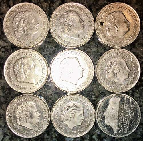 NETHERLANDS SET 1 GULDEN 1967,1969.1970,1971,1975,1976,1980 X 2, 2000(1 BID TAKES ALL)