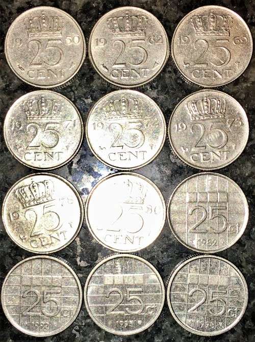 NETHERLANDS SET 25 CENT 1950,1962,1969.1971,1972,1975,1978,1980,82,92,95,98(1 BID TAKES ALL)