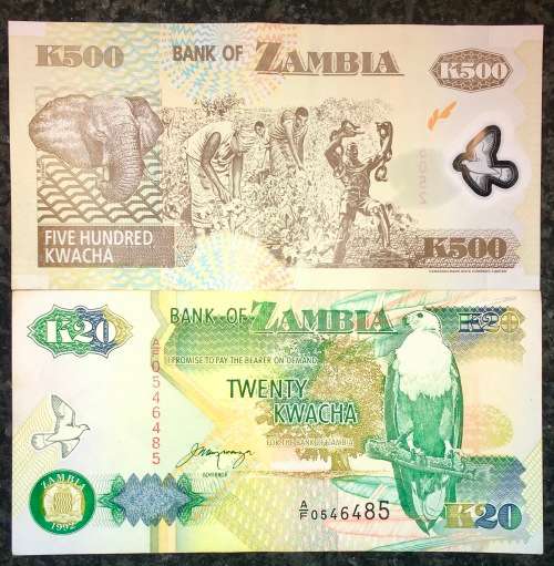 ZAMBIA 500 KWACHA 2005 & 20 KWACHA 1992(1 BID TAKES ALL)