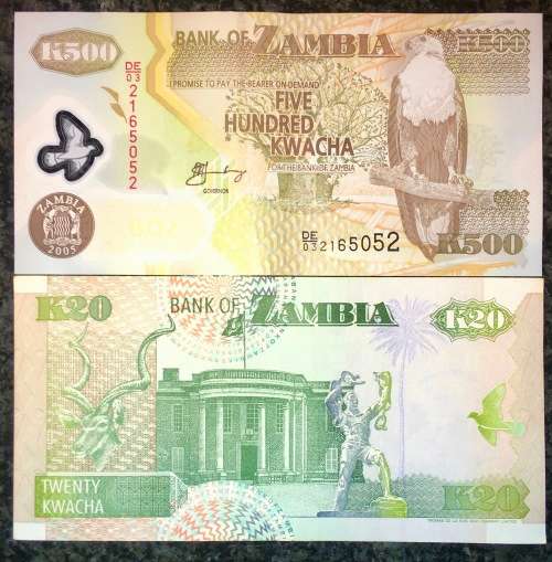 ZAMBIA 500 KWACHA 2005 & 20 KWACHA 1992(1 BID TAKES ALL)